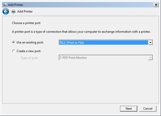 Add Printer Wizard on Windows 7 - step 2