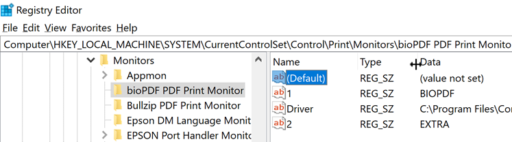 Port settings in the registry database